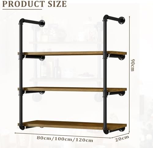 Industrial Pipe Floating Shelves with Solid Wood Boards and Metal Frame Wall Storage Rack