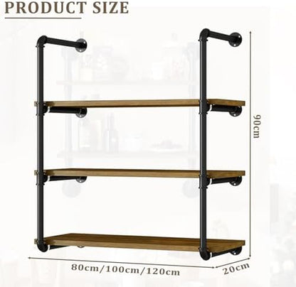 Industrial Pipe Floating Shelves with Solid Wood Boards and Metal Frame Wall Storage Rack