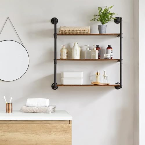 Industrial Pipe Floating Shelves with Solid Wood Boards and Metal Frame Wall Storage Rack