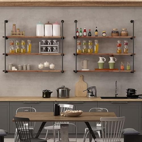 Industrial Pipe Floating Shelves with Solid Wood Boards and Metal Frame Wall Storage Rack