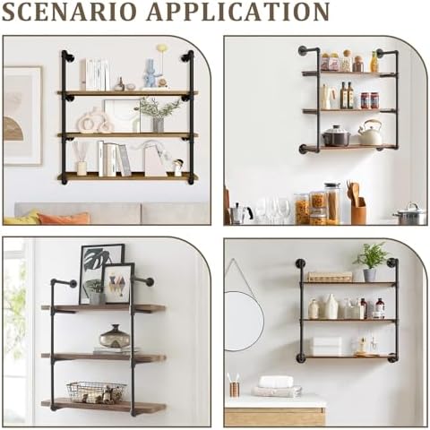 Industrial Pipe Floating Shelves with Solid Wood Boards and Metal Frame Wall Storage Rack