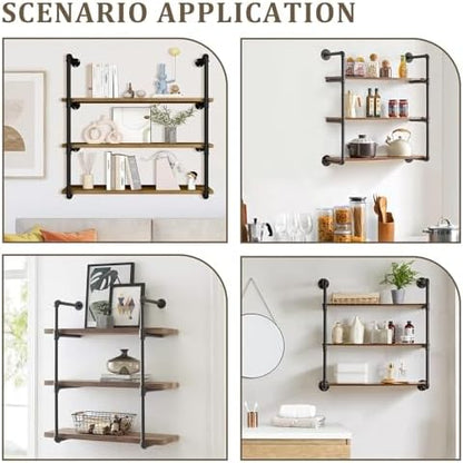 Industrial Pipe Floating Shelves with Solid Wood Boards and Metal Frame Wall Storage Rack