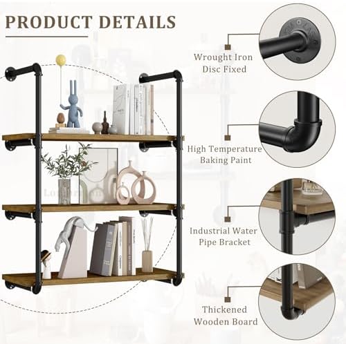 Industrial Pipe Floating Shelves with Solid Wood Boards and Metal Frame Wall Storage Rack