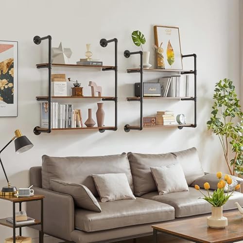 Industrial Pipe Floating Shelves with Solid Wood Boards and Metal Frame Wall Storage Rack